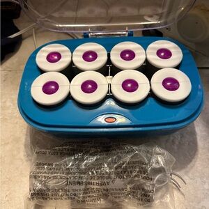 Blue and White Hair Rollers with Purple Accents